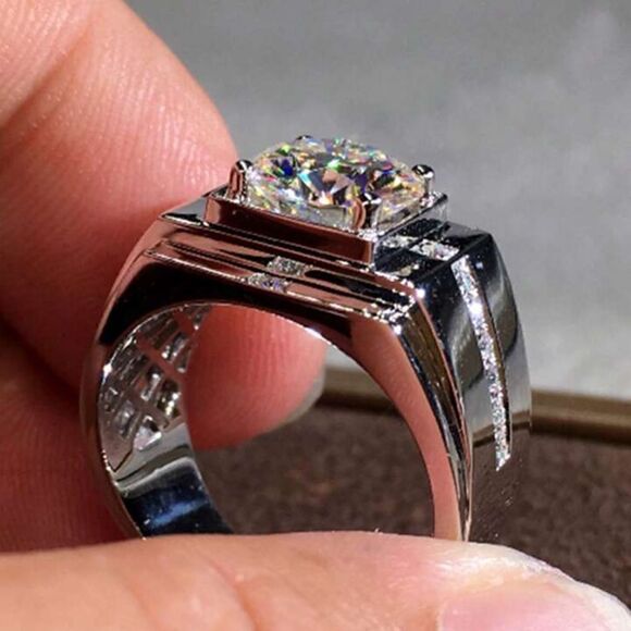 Gorgeous 925 Silver Ring Round Cubic Zircon For Men Sim Diamond Ring - Picture 3 of 4